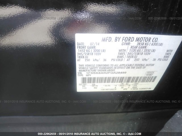 1FM5K8AR2FGA28499 - 2015 FORD EXPLORER POLICE INTERCEPTOR BLACK photo 9