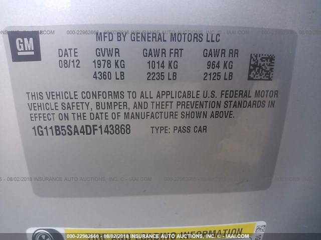 1G11B5SA4DF143868 - 2013 CHEVROLET MALIBU LS SILVER photo 9