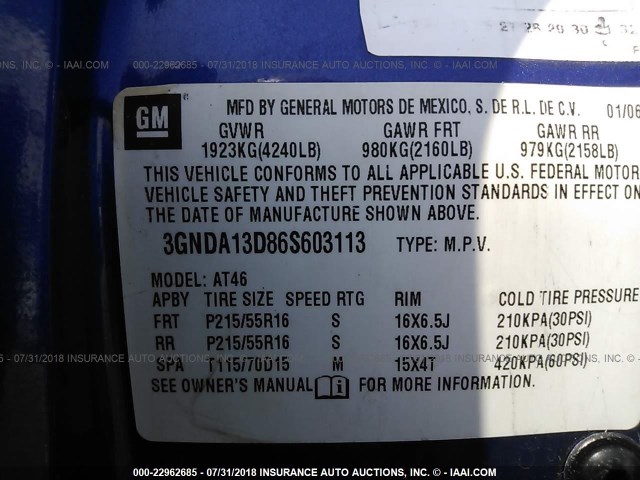 3GNDA13D86S603113 - 2006 CHEVROLET HHR LS BLUE photo 9