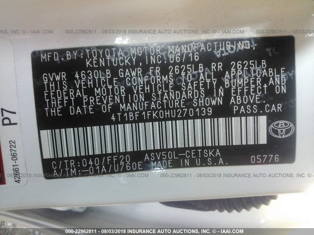 4T1BF1FK0HU270139 - 2017 TOYOTA CAMRY LE/XLE/SE/XSE 白色 照片 9