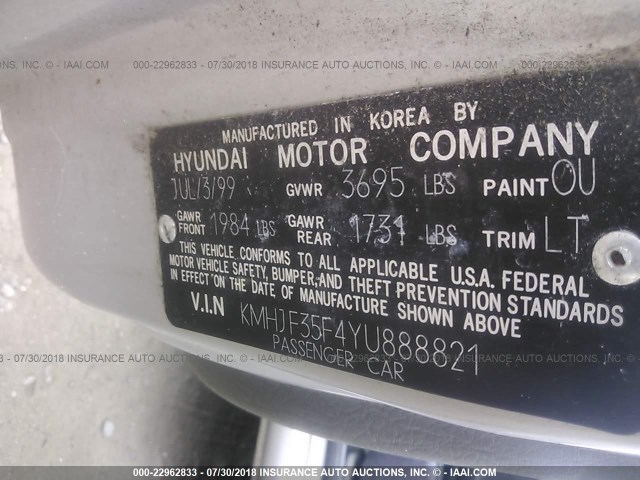 KMHJF35F4YU888821 - 2000 HYUNDAI ELANTRA GLS SILVER photo 9