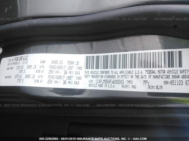 1C4PJMBS0FW699203 - 2015 JEEP CHEROKEE TRAILHAWK 灰色 照片 9