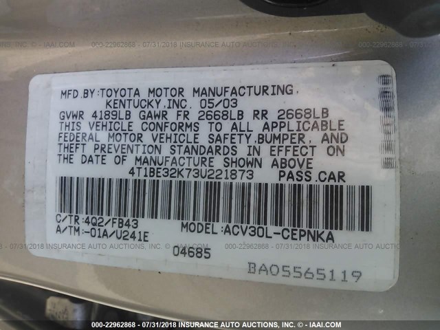 4T1BE32K73U221873 - 2003 TOYOTA CAMRY LE/XLE/SE Qızıl foto 9