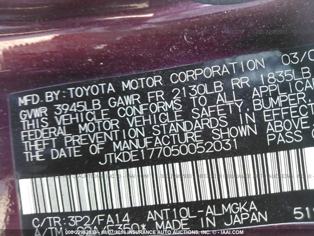 JTKDE177050052031 - 2005 TOYOTA SCION TC 紫色 照片 9