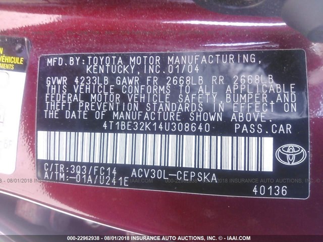 4T1BE32K14U308640 - 2004 TOYOTA CAMRY LE/XLE/SE Tünd qırmızı foto 9