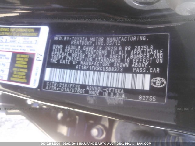 4T1BF1FK8CU588373 - 2012 TOYOTA CAMRY SE/LE/XLE შავი ფოტო 9