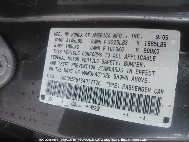 1HGCM56816A017776 - 2006 HONDA ACCORD EX GRAY photo 9