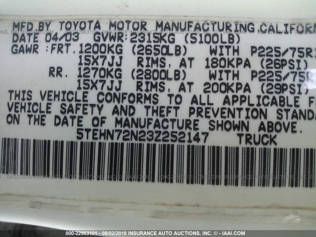 5TEHN72N23Z252147 - 2003 TOYOTA TACOMA DOUBLE CAB WHITE photo 9