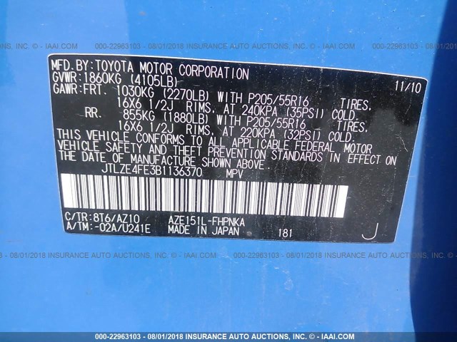 JTLZE4FE3B1136370 - 2011 TOYOTA SCION XB Mavi foto 9