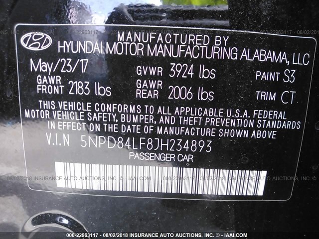 5NPD84LF8JH234893 - 2018 HYUNDAI ELANTRA SEL/VALUE/LIMITED BLACK photo 9