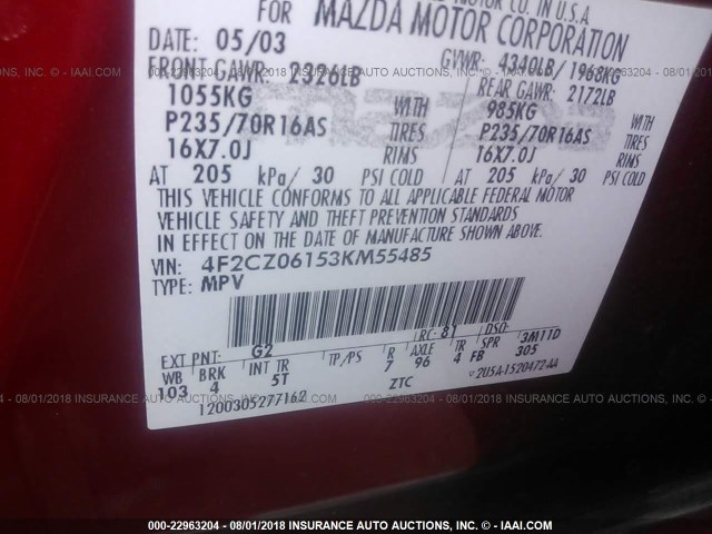 4F2CZ06153KM55485 - 2003 MAZDA TRIBUTE ES RED photo 9