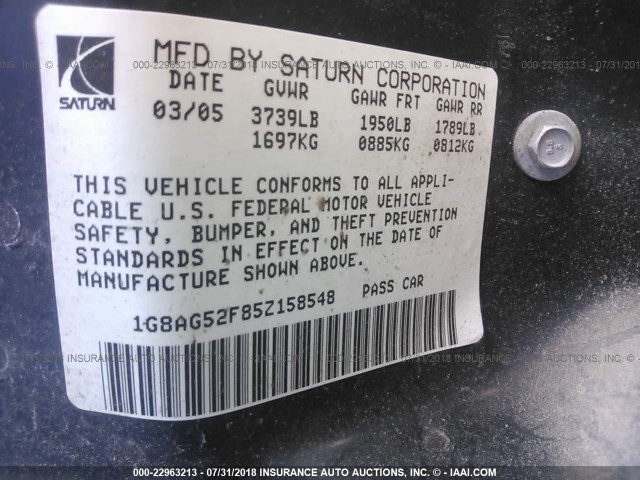 1G8AG52F85Z158548 - 2005 SATURN ION LEVEL 1 SILVER photo 9