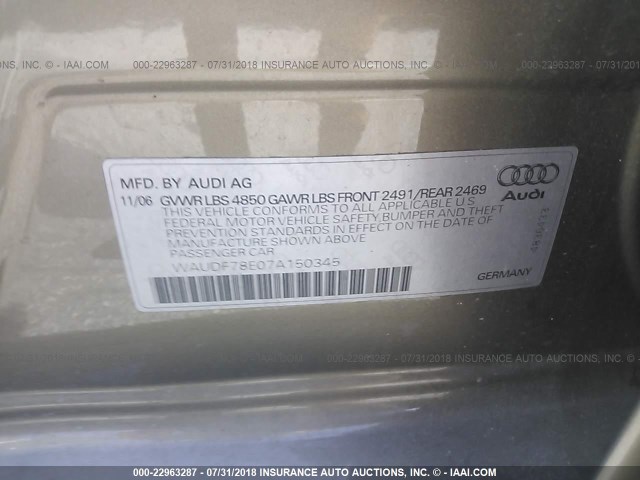 WAUDF78E07A150345 - 2007 AUDI A4 2.0T QUATTRO TAN photo 9