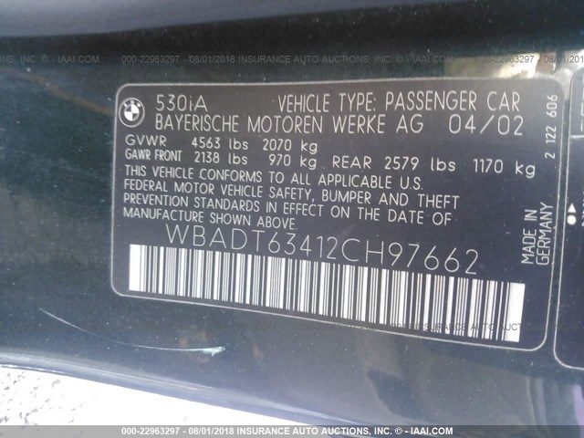 WBADT63412CH97662 - 2002 BMW 530 I AUTOMATIC BLACK photo 9