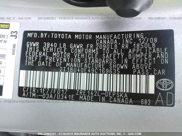 2T1BU40E49C169635 - 2009 TOYOTA COROLLA S/LE/XLE SILVER photo 9