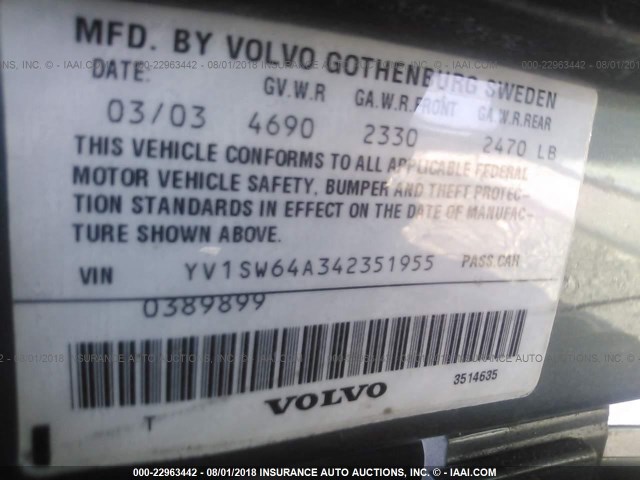 YV1SW64A342351955 - 2004 VOLVO V70 GREEN photo 9