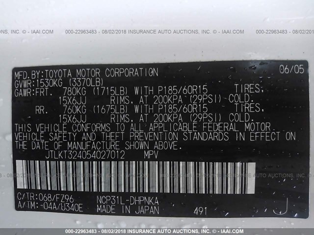 JTLKT324054027012 - 2005 TOYOTA SCION XB Weiß Foto 9