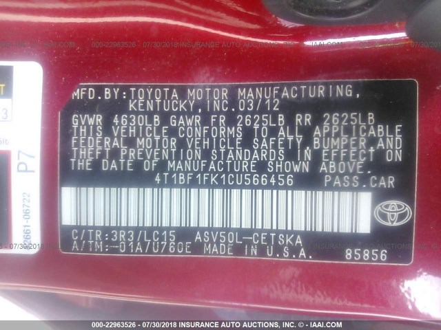 4T1BF1FK1CU566456 - 2012 TOYOTA CAMRY SE/LE/XLE წითელი ფოტო 9