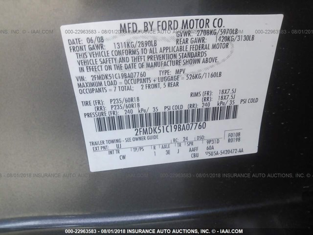 2FMDK51C19BA07760 - 2009 FORD FLEX SE GRAY photo 9