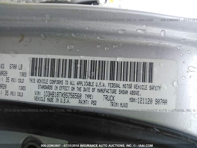 1D3HB18TX9S756560 - 2009 DODGE RAM 1500 SILVER photo 9