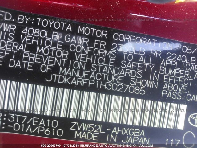 JTDKARFP1H3027085 - 2017 TOYOTA PRIUS PRIME  红色 照片 9