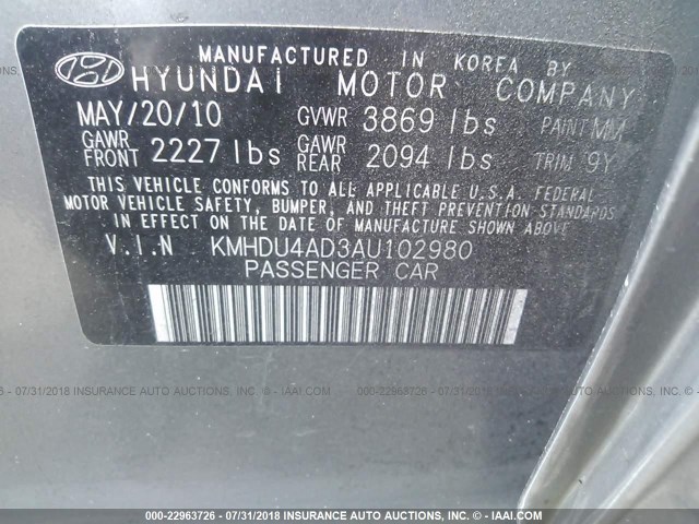 KMHDU4AD3AU102980 - 2010 HYUNDAI ELANTRA BLUE/GLS/SE GRAY photo 9