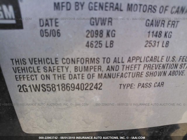 2G1WS581869402242 - 2006 CHEVROLET IMPALA POLICE BLACK photo 9