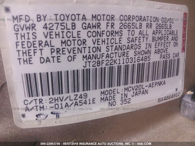 JT2BF22K110316485 - 2001 TOYOTA CAMRY CE/LE/XLE GOLD photo 9