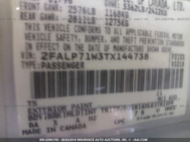 2FALP71W3TX144738 - 1996 FORD CROWN VICTORIA POLICE INTERCEPTOR ვერცხლისფერი ფოტო 9