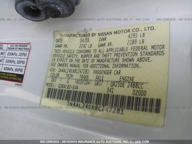 1N4AL24EX8C247281 - 2008 NISSAN ALTIMA 2.5S WHITE photo 9