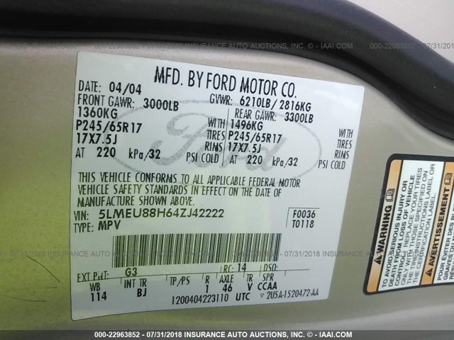 5LMEU88H64ZJ42222 - 2004 LINCOLN AVIATOR Boz foto 9