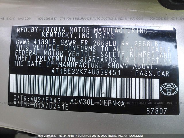 4T1BE32K74U838451 - 2004 TOYOTA CAMRY LE/XLE/SE Qızıl foto 9