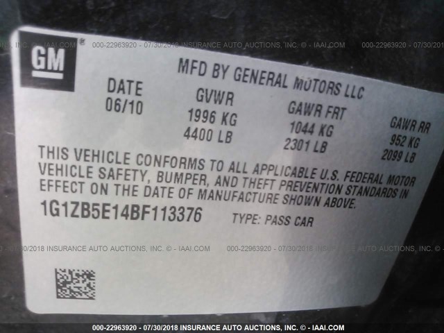 1G1ZB5E14BF113376 - 2011 CHEVROLET MALIBU LS BLACK photo 9