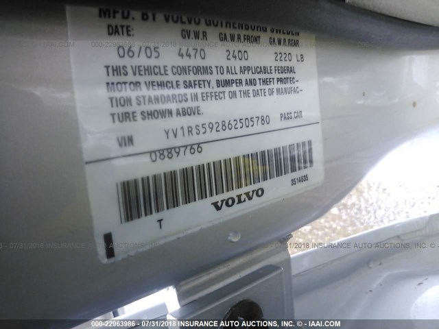 YV1RS592862505780 - 2006 VOLVO S60 2.5T SILVER photo 9