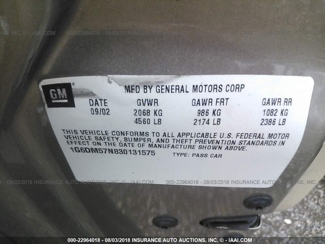 1G6DM57N830131575 - 2003 CADILLAC CTS GOLD photo 9