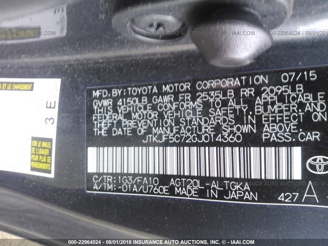 JTKJF5C72GJ014360 - 2016 TOYOTA SCION TC BLUE photo 9