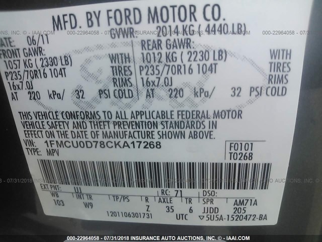 1FMCU0D78CKA17268 - 2012 FORD ESCAPE XLT GRAY photo 9