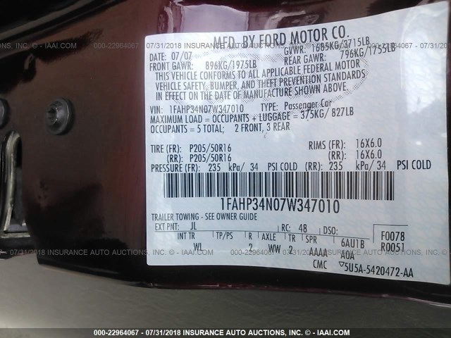 1FAHP34N07W347010 - 2007 FORD FOCUS ZX4/S/SE/SES 栗色 照片 9