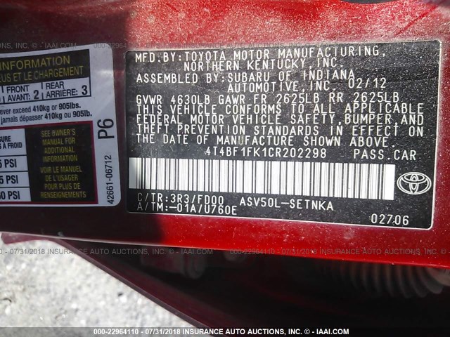 4T4BF1FK1CR202298 - 2012 TOYOTA CAMRY SE/LE/XLE 红色 照片 9