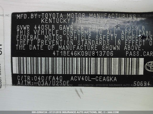 4T1BE46K09U813706 - 2009 TOYOTA CAMRY SE/LE/XLE თეთრი ფოტო 9