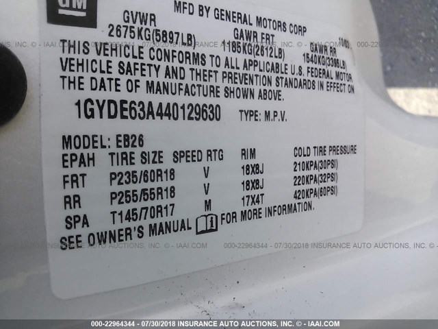 1GYDE63A440129630 - 2004 CADILLAC SRX WHITE photo 9