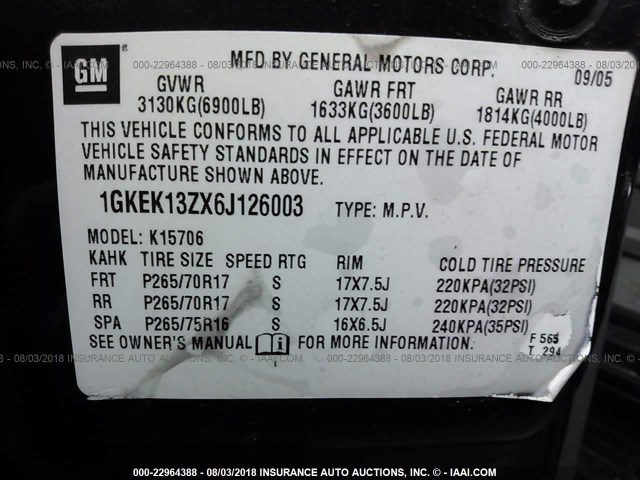 1GKEK13ZX6J126003 - 2006 GMC YUKON BLUE photo 9