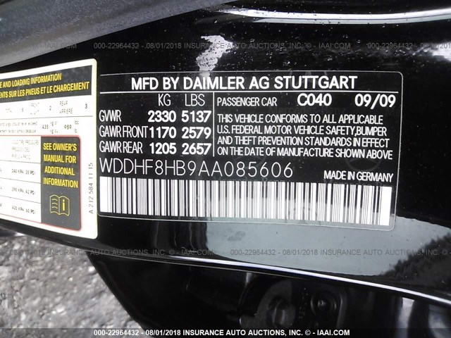 WDDHF8HB9AA085606 - 2010 MERCEDES-BENZ E 350 4MATIC BLACK photo 9