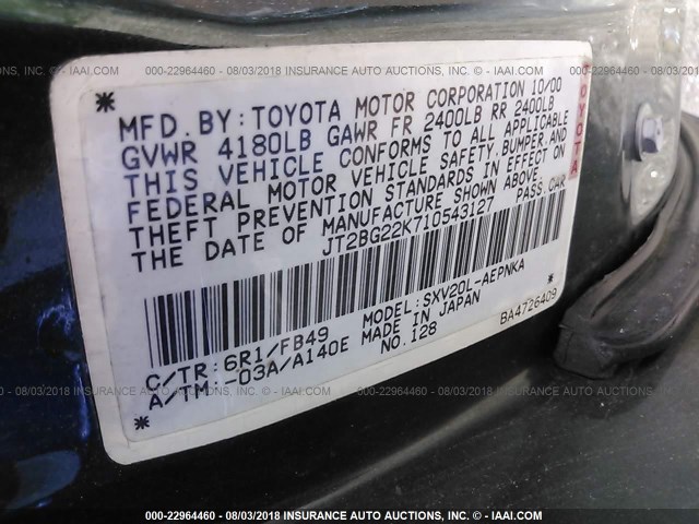 JT2BG22K710543127 - 2001 TOYOTA CAMRY CE/LE/XLE მწვანე ფოტო 9