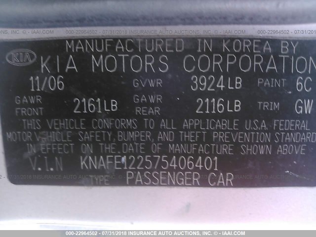 KNAFE122575406401 - 2007 KIA SPECTRA EX/LX SILVER photo 9