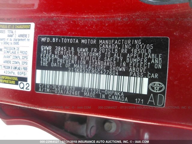 2T1KR32E95C427604 - 2005 TOYOTA COROLLA MATRIX XR RED photo 9