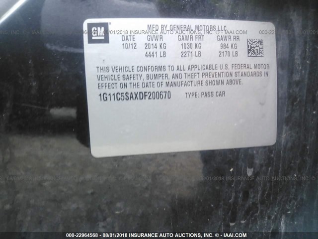 1G11C5SAXDF200670 - 2013 CHEVROLET MALIBU 1LT BLACK photo 9