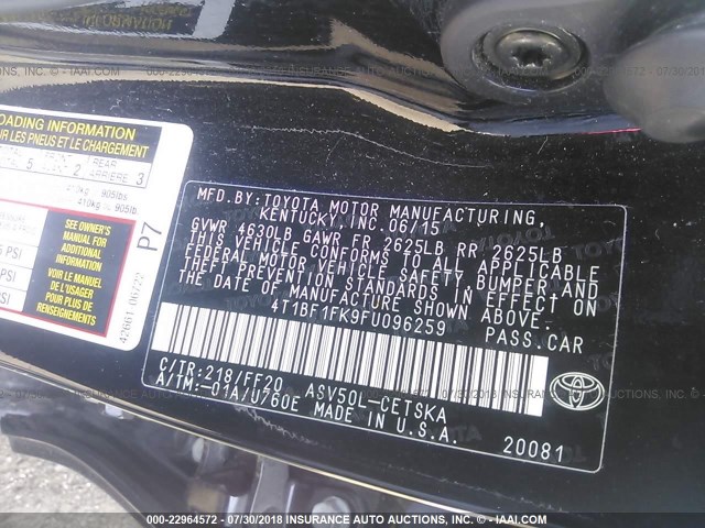 4T1BF1FK9FU096259 - 2015 TOYOTA CAMRY LE/XLE/SE/XSE BLACK photo 9