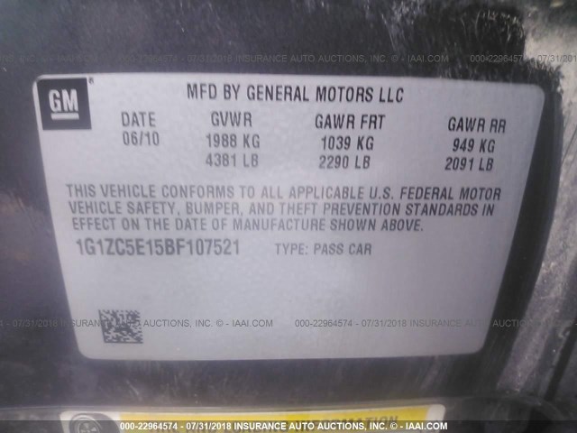 1G1ZC5E15BF107521 - 2011 CHEVROLET MALIBU 1LT ნაცრისფერი ფოტო 9