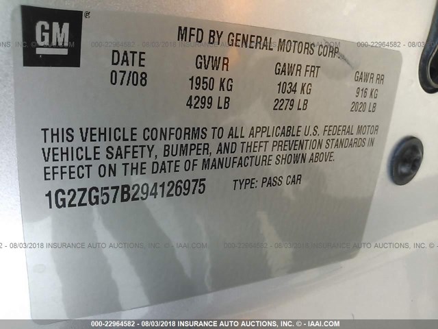 1G2ZG57B294126975 - 2009 PONTIAC G6 SILVER photo 9